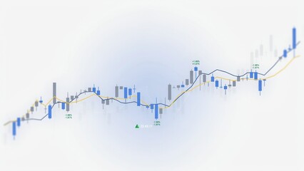 Obraz premium Financial stock market chart with blue and grey candlesticks, trend lines, and percentage indicators on a clean white background interface