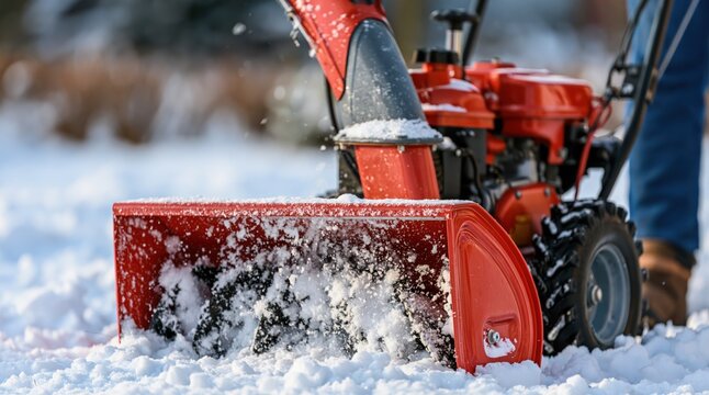 Red snow blower clearing fresh snow on winter day