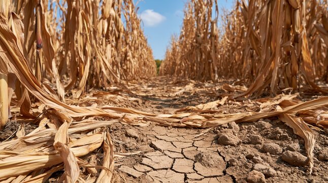 Dried cornfield with parched cracked earth during drought