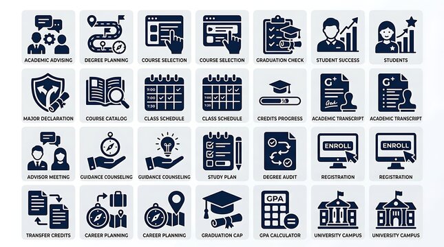 Academic Advising and University Education Icons Set for College Student Degree Planning and Registration