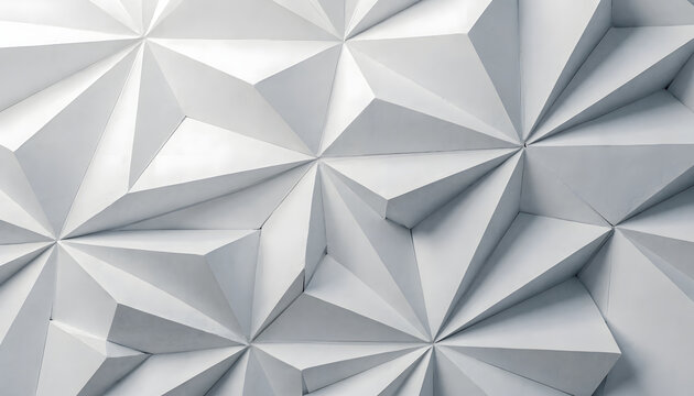 Abstract white geometric background, 3D low poly triangular pattern, modern textured wall panel for interior design