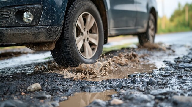 Car driving through muddy water in deep pothole on damaged road