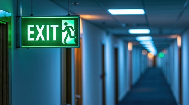 Illuminated green emergency exit sign hanging in long corridor