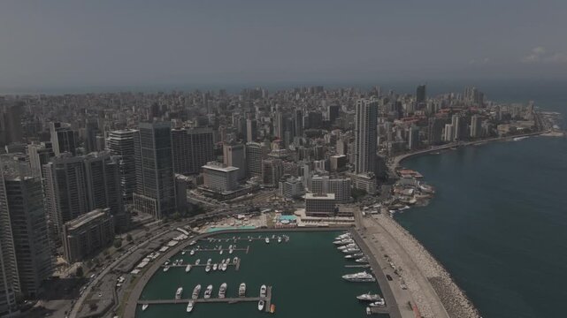 Beirut Zaitunay Bay Lebanon Marina Waterfront Close-up Slow Ascending Flyover DJI Drone Raw Not Color Grading Footage