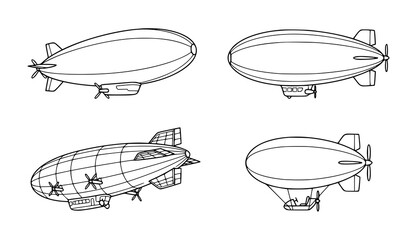 Zeppelin Airship Line Icon Set, Hand Drawn Blimp Outline Doodles, Vintage Dirigible Icons for Travel and Transport Design © Begum