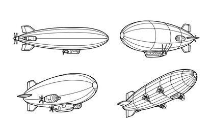 Airship Line Icon Set, Hand Drawn Zeppelin and Blimp Outline Doodles, Vintage Aircraft Icons for Travel and Transport Design © Begum
