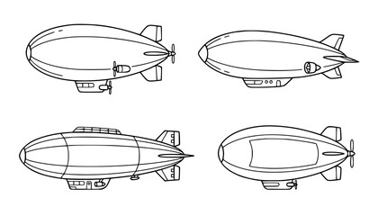 Airship Line Icon Set, Hand Drawn Zeppelin and Blimp Outline Doodles, Vintage Aircraft Icons for Travel and Transport Design © Begum