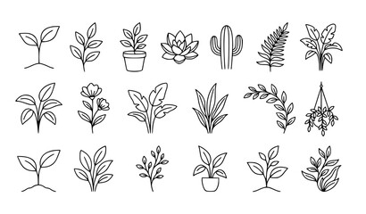 Fototapeta premium Hand Drawn Plant Icon Set, Botanical Line Art with Succulent, Cactus, and Potted Plant Doodles for Nature Design