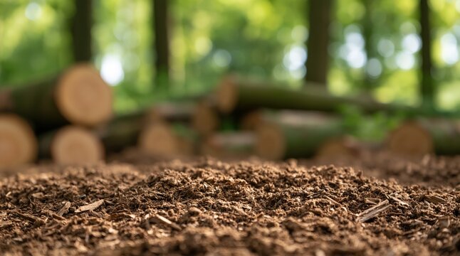 Low angle view of brown soil and mulch on forest ground with blurred logs in background