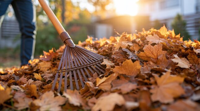 Person raking fallen autumn leaves into pile in backyard at sunset