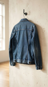 Back view of a blue denim trucker jacket hanging on a black hook against a textured wall jean isolated on a transparent background