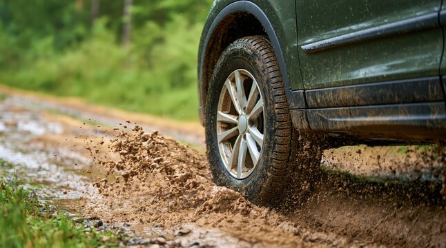 Green car wheel splashing mud on dirt road in forest
