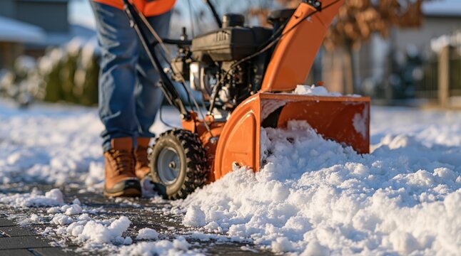 Person using orange snow blower to clear snow on sunny winter day