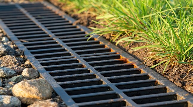 Metal drainage grate on ground with grass and stones