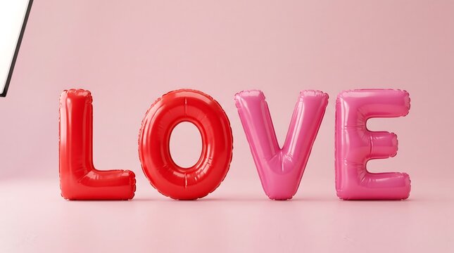 Glossy red and pink foil balloons spelling out the word love against a soft background