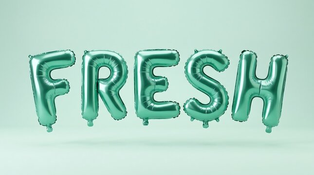 Shiny metallic mint green balloon letters spelling fresh floating against clean matching soft pastel studio backdrop