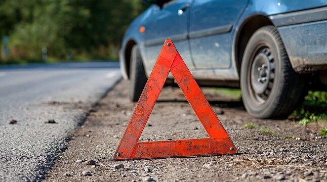 Red emergency warning triangle on gravel road shoulder with car in distance