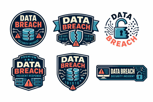 Data breach security incident concepts shown with a collection of badges and emblems, illustrating digital information theft, cyber hacking, and vulnerability of online data