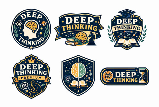 Deep thinking concept badge collection presenting intelligence. Wisdom. And knowledge through human brains. Books. Graduation caps. Chess pieces