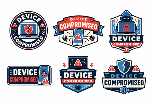 Device compromised security emblems with various symbols depicting digital vulnerability, data breach, malware infection, hacking, and cyber attack risks for technology gadgets