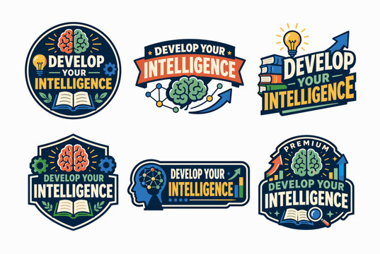 Collection of badges and emblems promoting intelligence development. Learning. And self-improvement. Featuring brains. Books. Light bulbs. Gears. And growth charts