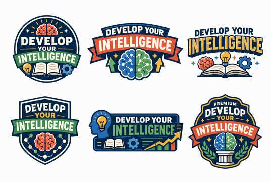 Collection of intelligence development logos, featuring human brains, light bulbs, open books, gears, and upward trending arrows, symbolizing learning, knowledge, and growth