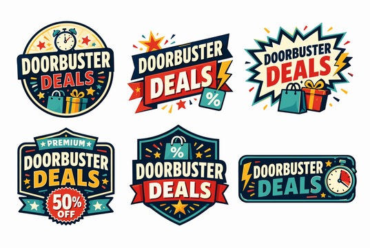 Doorbuster deals labels collection presenting vibrant promotional badges for retail sales, offering discounts and special offers during major shopping events like black friday