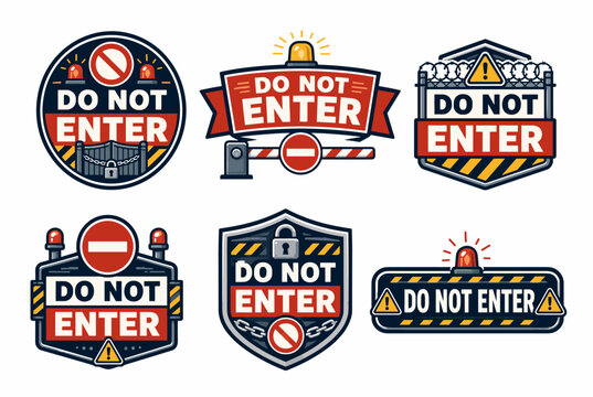Set of diverse do not enter signs indicating prohibited access and restricted areas. Featuring stop symbols. Warning lights. Gates. And chains