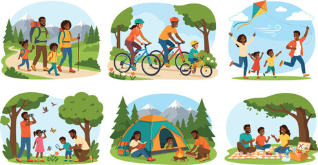 Naklejka premium Flat vector black family outdoor adventure illustration bundle showing parents children hiking cycling flying kite birdwatching camping picnic