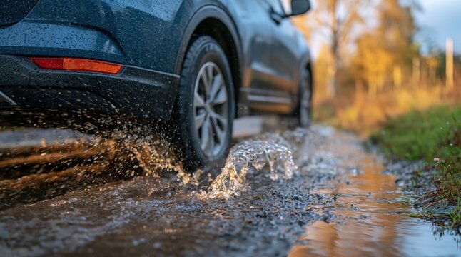 Car wheel splashing through water puddle on dirt road at sunset