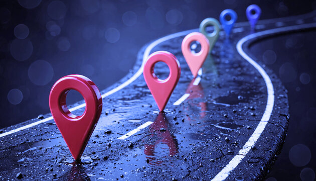 GPS navigation map location pin pointers on curved highway or street background for travel journey planner tracking tracking tracking system or commercial distribution tracking concept