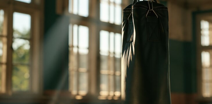 Heavy black boxing bag hanging in training hall with sunlight rays