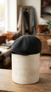 Dark gray flat cap with textured fabric resting on a light beige cylindrical display stand in a shop setting isolated on a transparent background