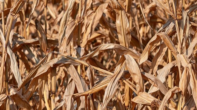 Withered corn stalks in dry agricultural field