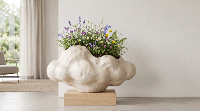 ceramic cloud shaped vase with colorful wildflowers in minimalist interior