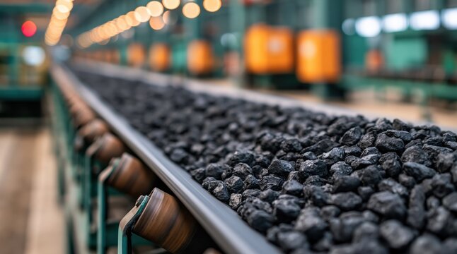 coal moving on conveyor belt in industrial facility