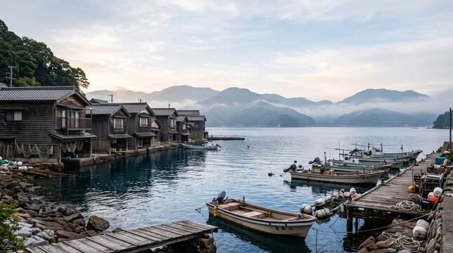 coastal landscape with traditional wooden boathouses boats and misty mountains
