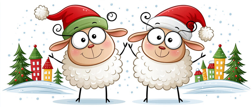 Cute cartoon adorable sheep in Santa hats in a cute town in winter