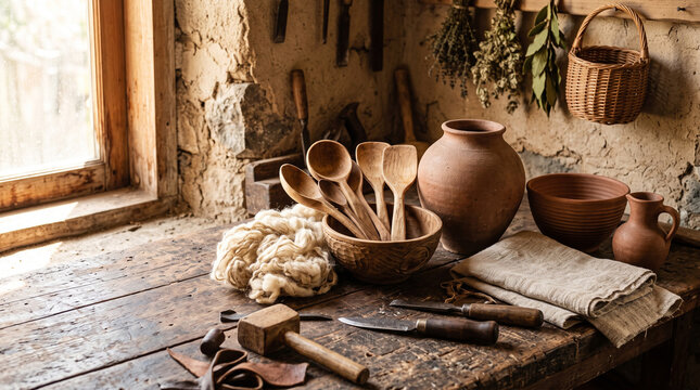 craft tools and handmade wooden utensils on rustic workbench in workshop