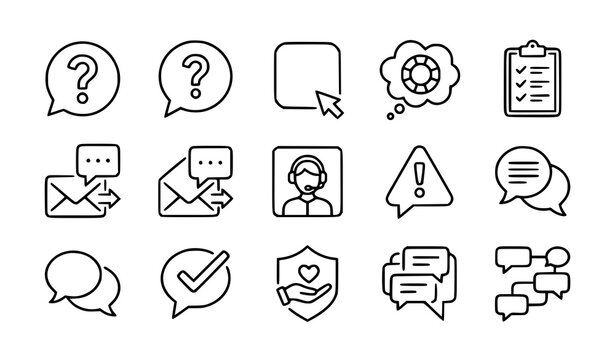 FAQ Question and Help Bubble Editable Stroke Line Icon Set Featuring Customer Support, Inquiry, Questionnaire, Communication, and Assistance Symbols