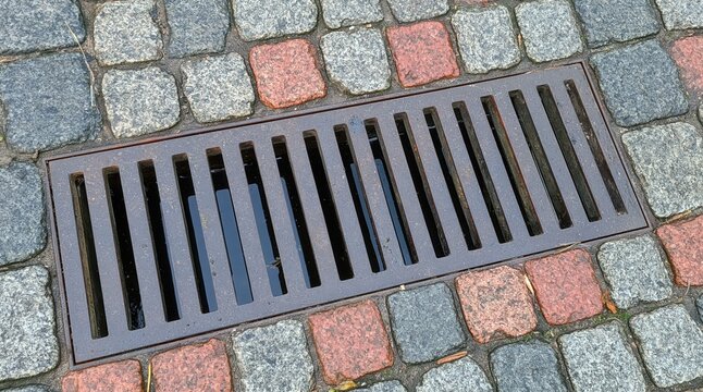 Metal storm drain grate on cobblestone pavement