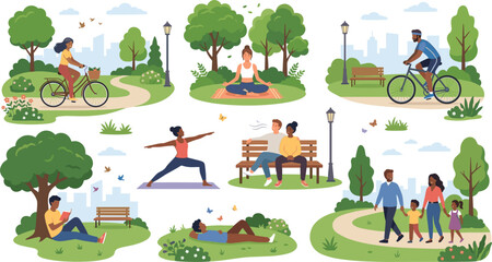 Fototapeta premium People relaxing and exercising in city park vector illustration set featuring cycling yoga meditation reading walking family and outdoor leisure activities