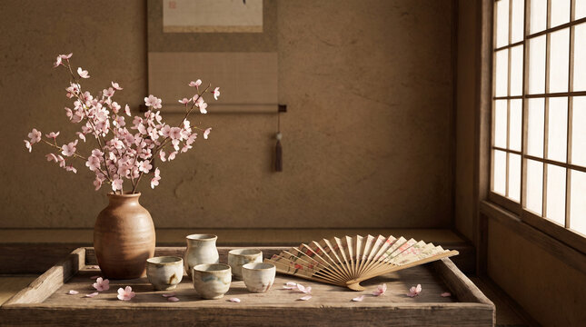 japanese tea ceremony setup with cherry blossoms ceramics and traditional fan