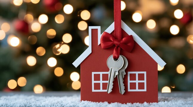 Red house shaped ornament with silver keys on snow against blurred Christmas tree lights