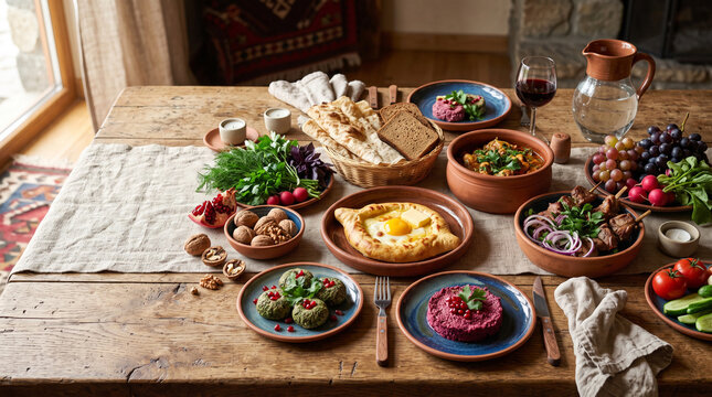 traditional caucasian feast table with khachapuri shashlik pkhali and wine