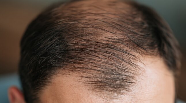 Close up of man head with thinning hair and male pattern baldness