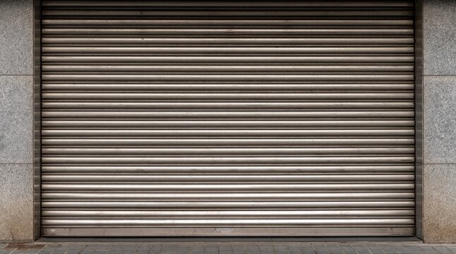 Closed metal roller shutter on storefront building entrance