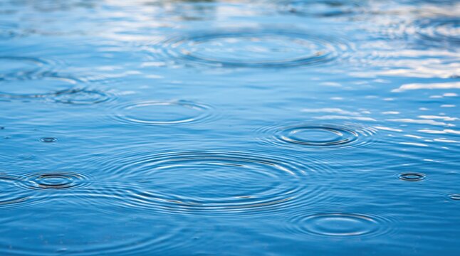 Concentric ripples from raindrops on blue water surface