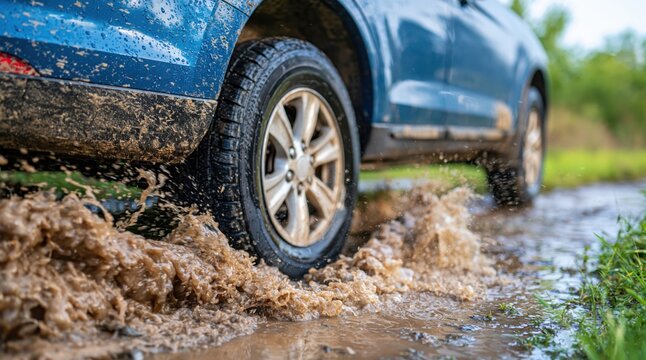 Blue car driving through muddy puddle creating large splash on dirt road