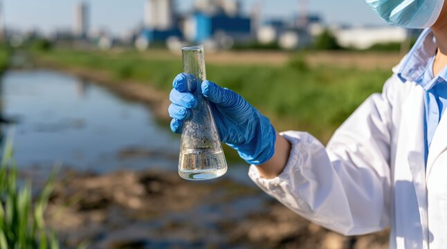 Scientist holding erlenmeyer flask with water sample for environmental testing